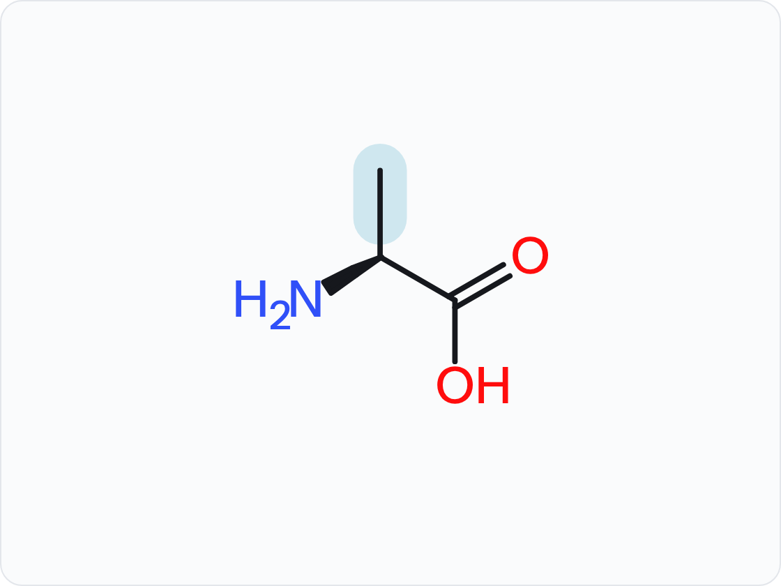 Skeletal structure of an amino acid, drawn as the un-ionized free acid with the amino group at left and the carboxylic acid at right; the side chain (R group) is shaded and drawn with heavier bonds.