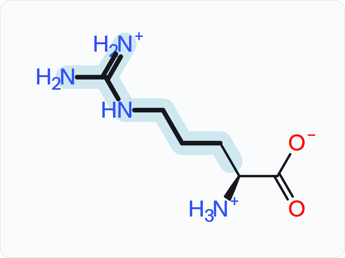 Skeletal structure of arginine (Arg, R) in the form that predominates at pH 7.4, with a protonated amino group (NH3+) at left and a carboxylate (COO−) at right; the side chain (R group) is shaded and drawn with heavier bonds.
