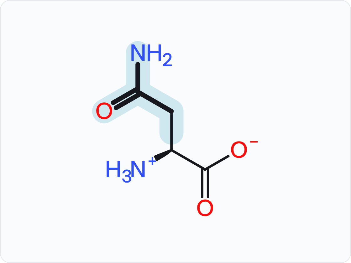 Skeletal structure of asparagine (Asn, N) in the form that predominates at pH 7.4, with a protonated amino group (NH3+) at left and a carboxylate (COO−) at right; the side chain (R group) is shaded and drawn with heavier bonds.