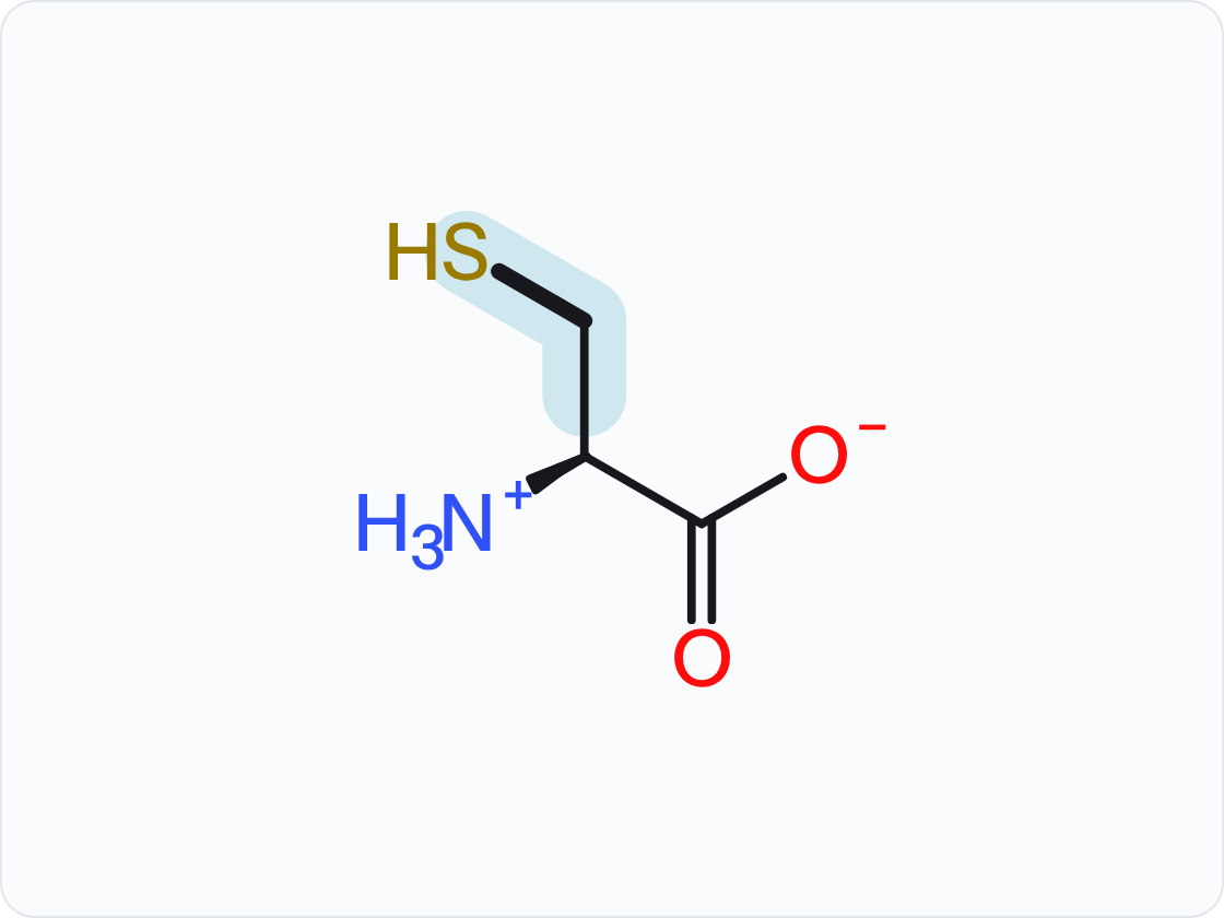 Skeletal structure of cysteine (Cys, C) in the form that predominates at pH 7.4, with a protonated amino group (NH3+) at left and a carboxylate (COO−) at right; the side chain (R group) is shaded and drawn with heavier bonds.