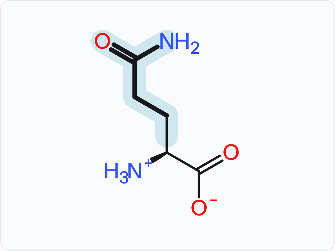 Skeletal structure of glutamine (Gln, Q) in the form that predominates at pH 7.4, with a protonated amino group (NH3+) at left and a carboxylate (COO−) at right; the side chain (R group) is shaded and drawn with heavier bonds.