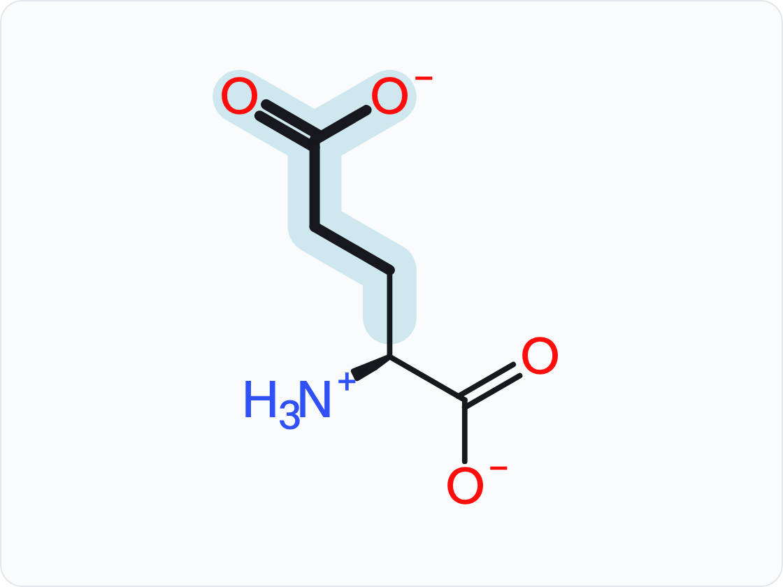Skeletal structure of glutamate (Glu, E) in the form that predominates at pH 7.4, with a protonated amino group (NH3+) at left and a carboxylate (COO−) at right; the side chain (R group) is shaded and drawn with heavier bonds.