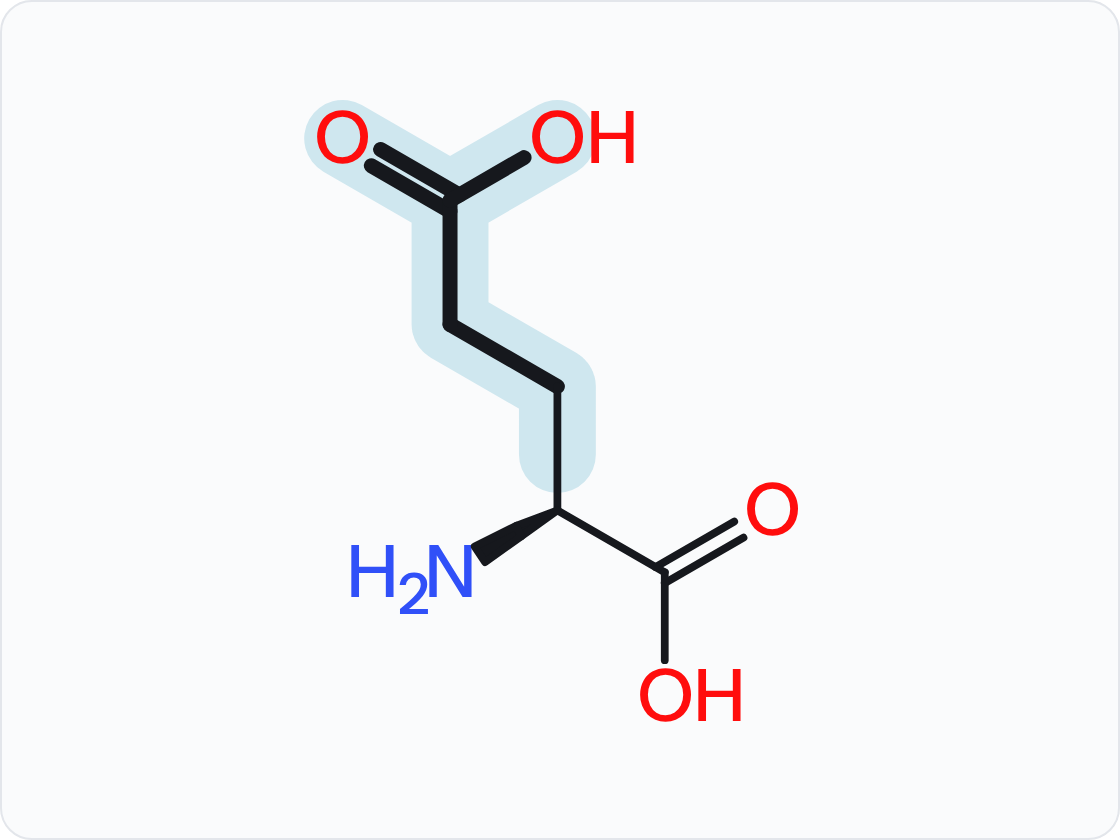 Skeletal structure of an amino acid, drawn as the un-ionized free acid with the amino group at left and the carboxylic acid at right; the side chain (R group) is shaded and drawn with heavier bonds.