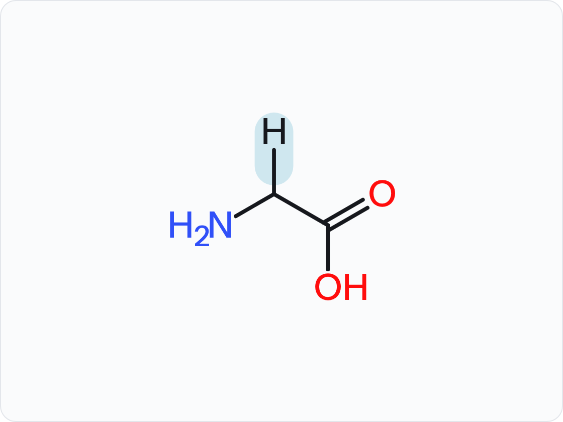 Skeletal structure of an amino acid, drawn as the un-ionized free acid with the amino group at left and the carboxylic acid at right; the side chain (R group) is shaded and drawn with heavier bonds.