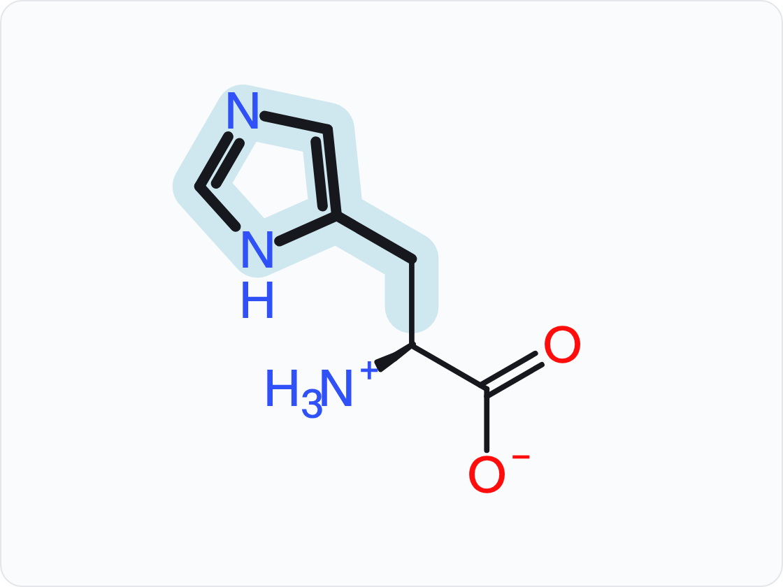 Skeletal structure of histidine (His, H) in the form that predominates at pH 7.4, with a protonated amino group (NH3+) at left and a carboxylate (COO−) at right; the side chain (R group) is shaded and drawn with heavier bonds.