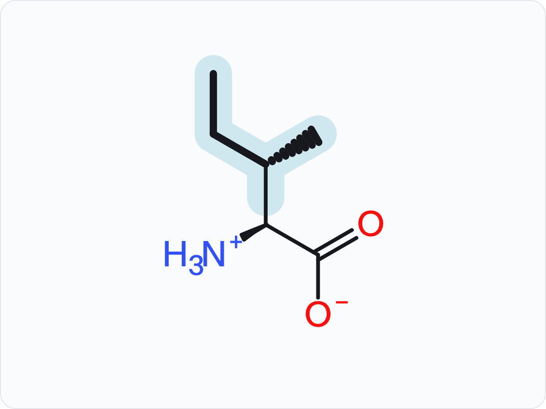 Skeletal structure of isoleucine (Ile, I) in the form that predominates at pH 7.4, with a protonated amino group (NH3+) at left and a carboxylate (COO−) at right; the side chain (R group) is shaded and drawn with heavier bonds.