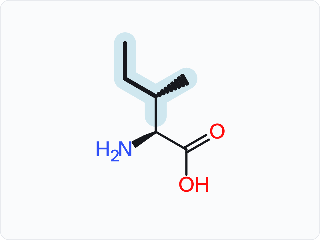 Skeletal structure of an amino acid, drawn as the un-ionized free acid with the amino group at left and the carboxylic acid at right; the side chain (R group) is shaded and drawn with heavier bonds.