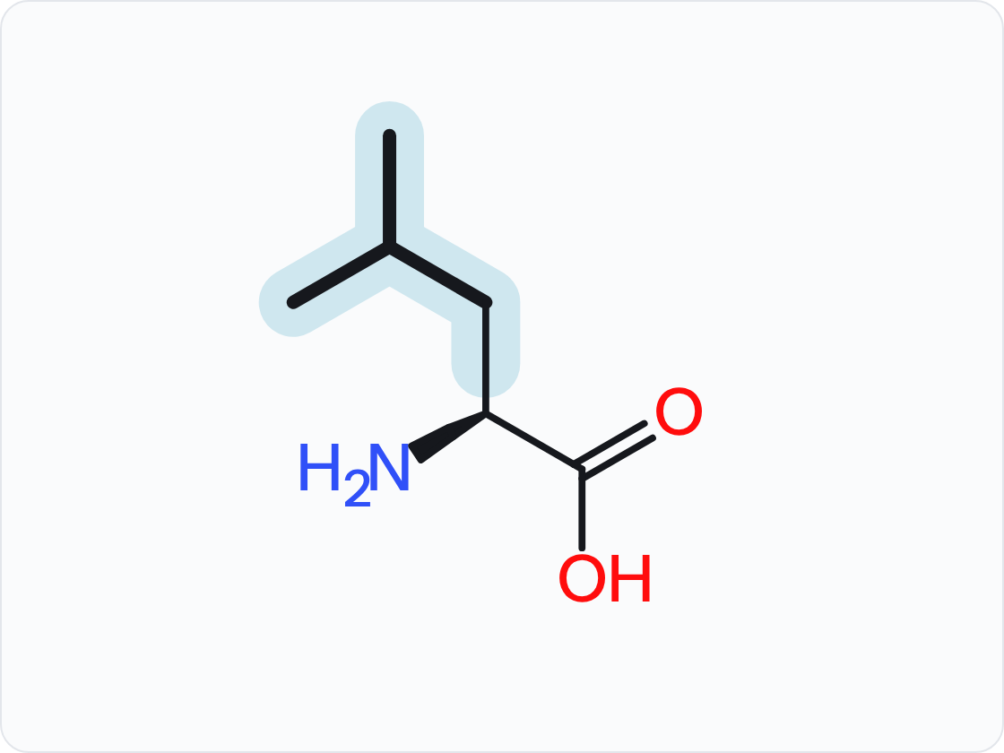 Skeletal structure of an amino acid, drawn as the un-ionized free acid with the amino group at left and the carboxylic acid at right; the side chain (R group) is shaded and drawn with heavier bonds.