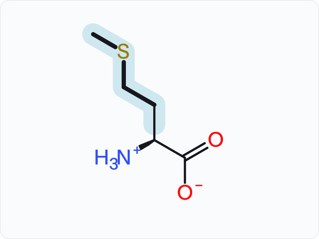 Skeletal structure of methionine (Met, M) in the form that predominates at pH 7.4, with a protonated amino group (NH3+) at left and a carboxylate (COO−) at right; the side chain (R group) is shaded and drawn with heavier bonds.