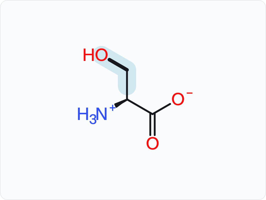 Skeletal structure of serine (Ser, S) in the form that predominates at pH 7.4, with a protonated amino group (NH3+) at left and a carboxylate (COO−) at right; the side chain (R group) is shaded and drawn with heavier bonds.