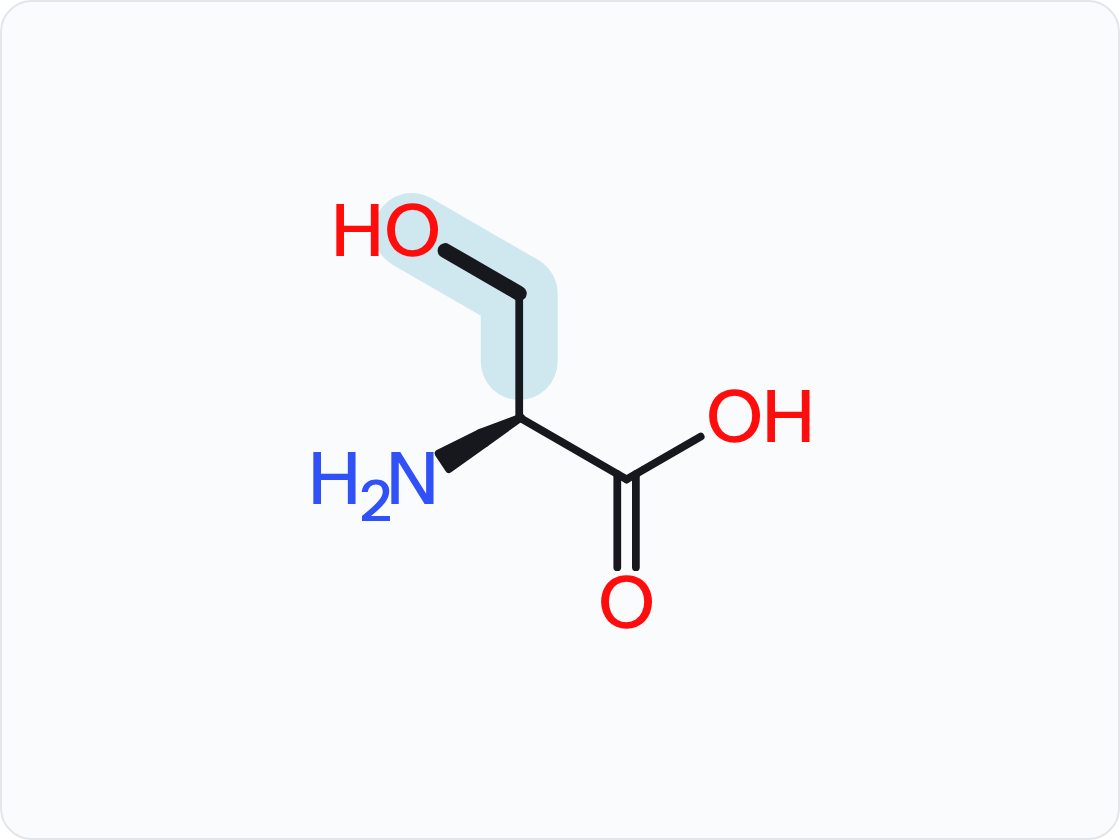 Skeletal structure of an amino acid, drawn as the un-ionized free acid with the amino group at left and the carboxylic acid at right; the side chain (R group) is shaded and drawn with heavier bonds.