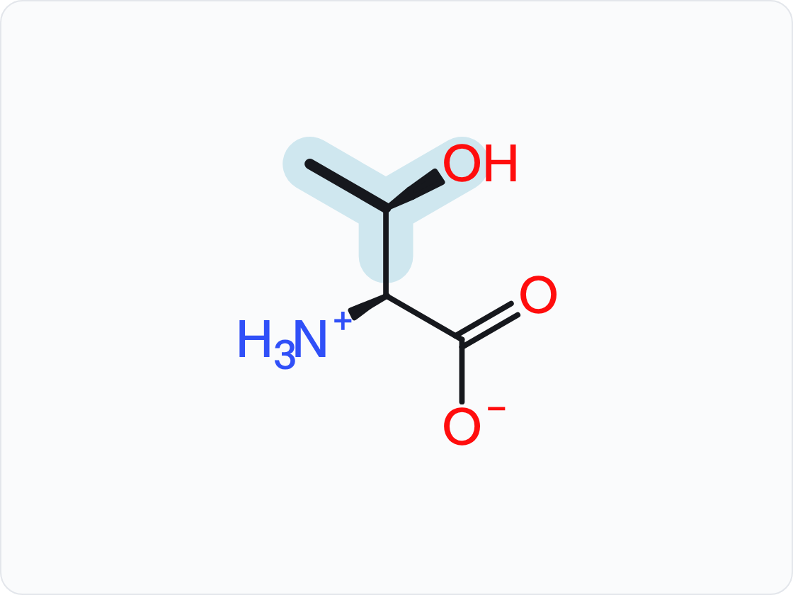 Skeletal structure of threonine (Thr, T) in the form that predominates at pH 7.4, with a protonated amino group (NH3+) at left and a carboxylate (COO−) at right; the side chain (R group) is shaded and drawn with heavier bonds.