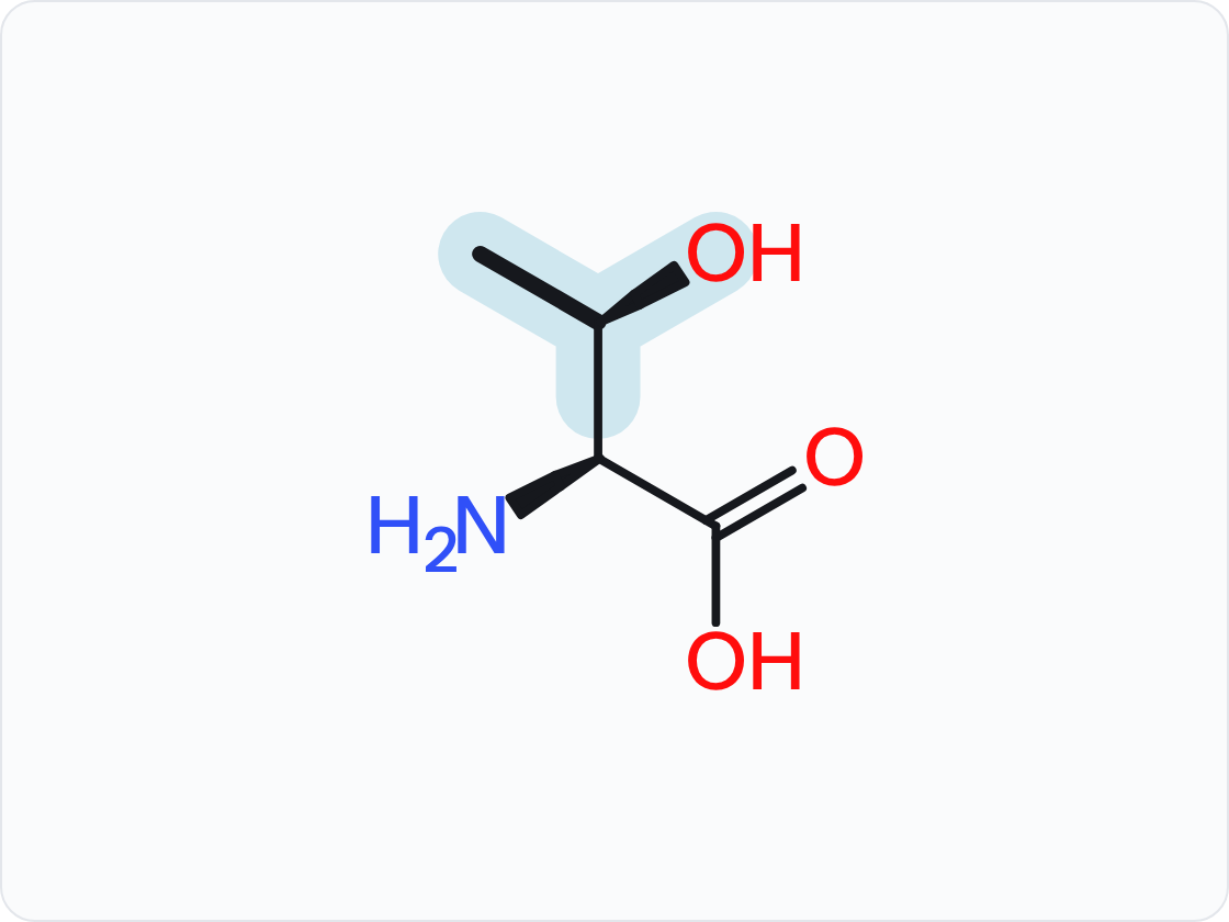 Skeletal structure of an amino acid, drawn as the un-ionized free acid with the amino group at left and the carboxylic acid at right; the side chain (R group) is shaded and drawn with heavier bonds.
