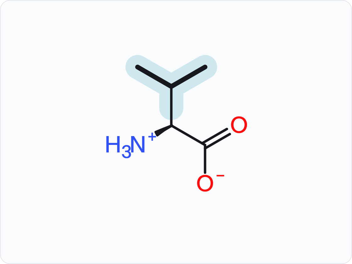Skeletal structure of valine (Val, V) in the form that predominates at pH 7.4, with a protonated amino group (NH3+) at left and a carboxylate (COO−) at right; the side chain (R group) is shaded and drawn with heavier bonds.