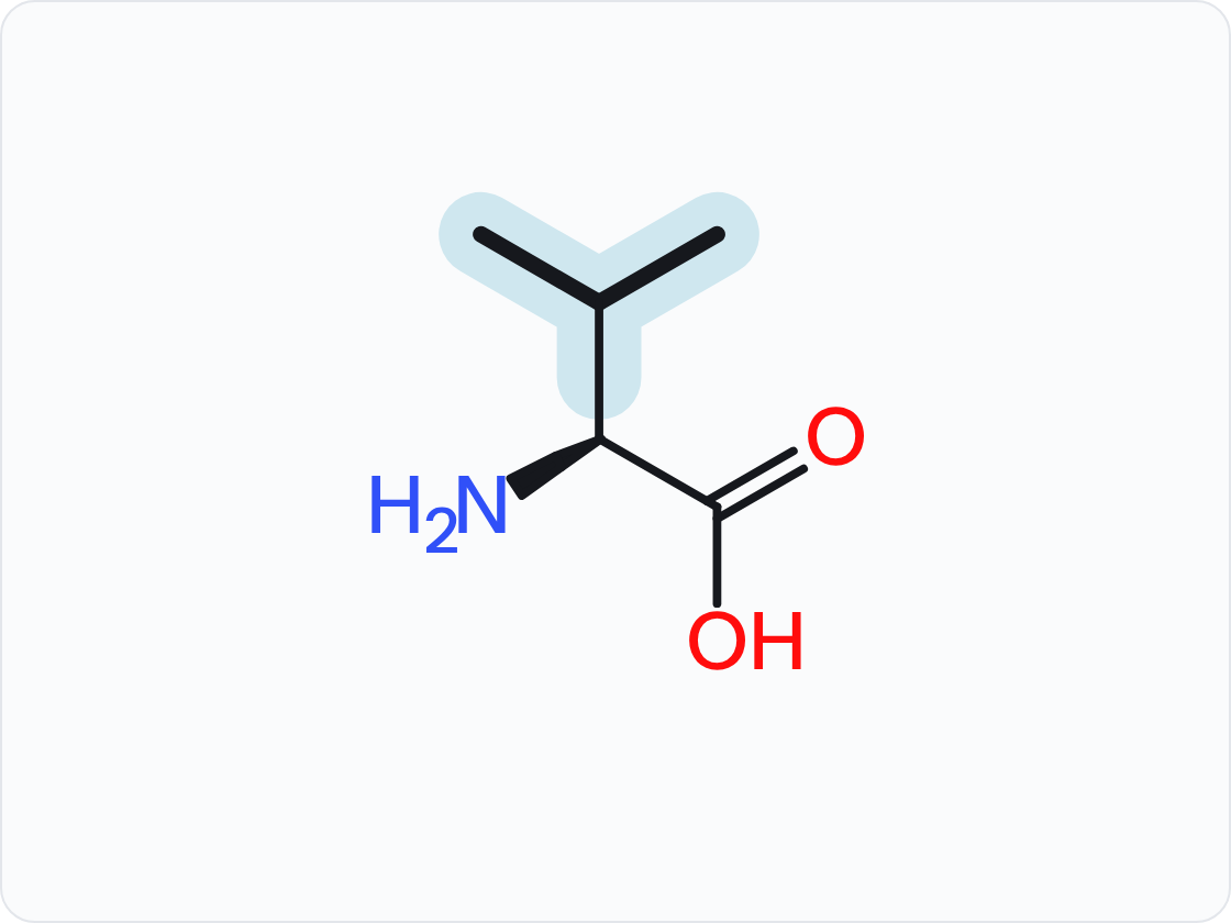 Skeletal structure of an amino acid, drawn as the un-ionized free acid with the amino group at left and the carboxylic acid at right; the side chain (R group) is shaded and drawn with heavier bonds.